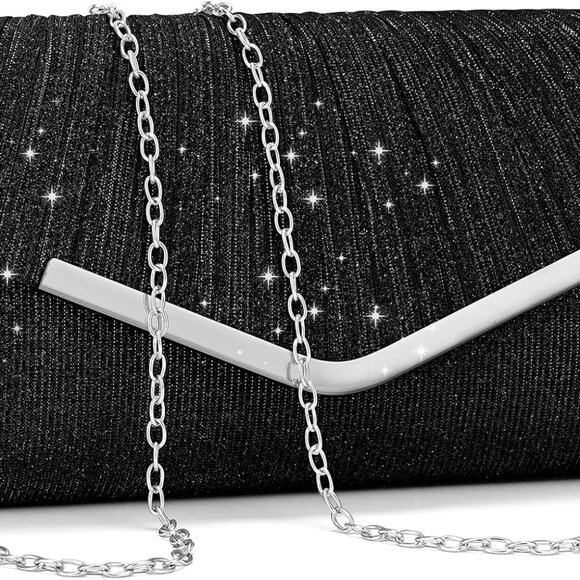 Black sequin envelope clutch purse with detachable chain for ladies evening even - Picture 1 of 6